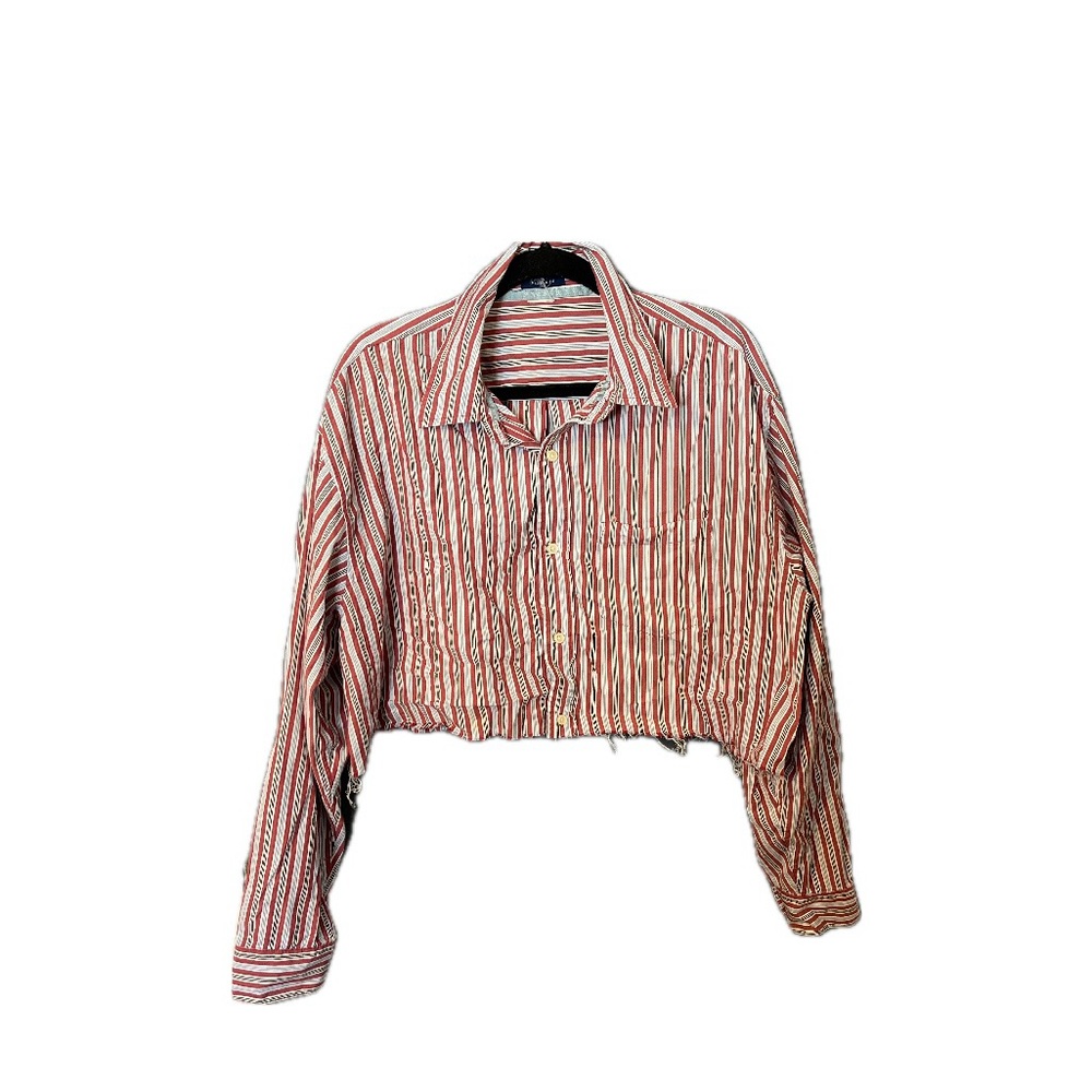 Red and white striped cropped collared shirt